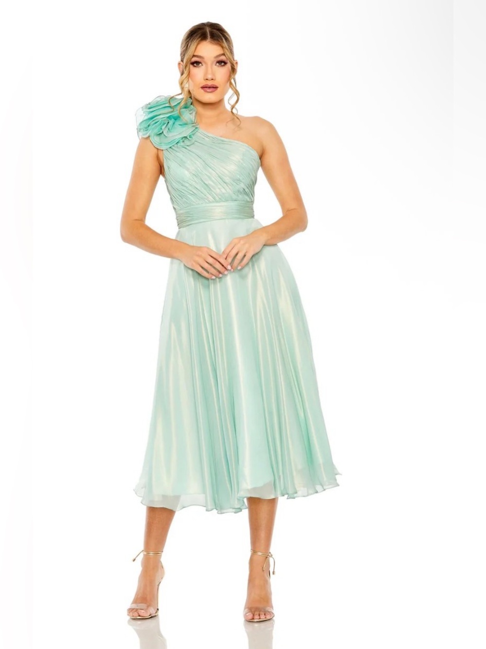 Mac Duggal - 70173 Rosette One Shoulder tea length Sage Green Size 14